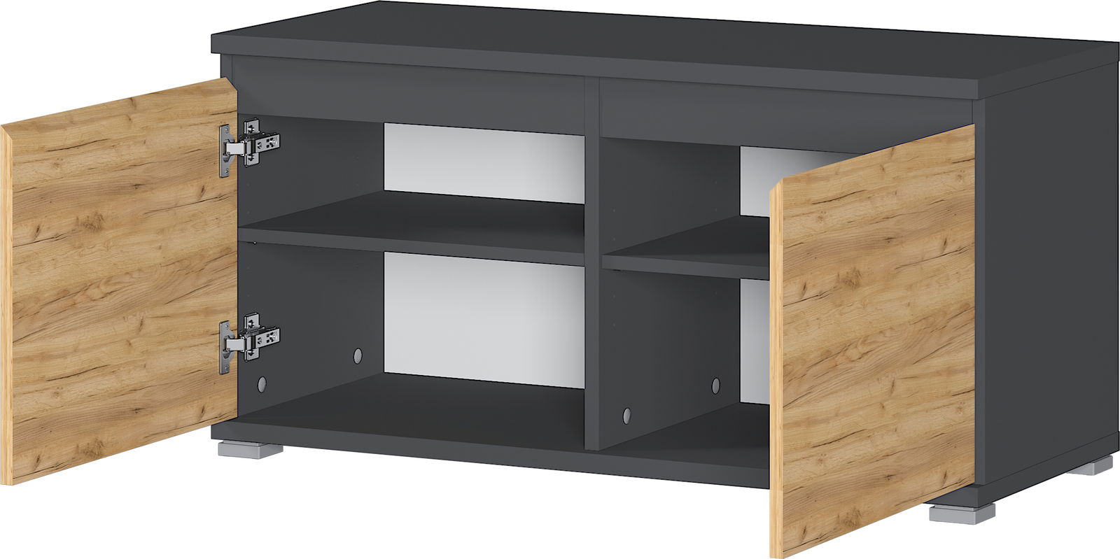 Schuhbank mit zwei offenen Türen, dunklem Korpus und Holzelementen, Perspektive von vorne.