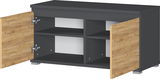 Schuhbank mit zwei offenen Türen, dunklem Korpus und Holzelementen, Perspektive von vorne.