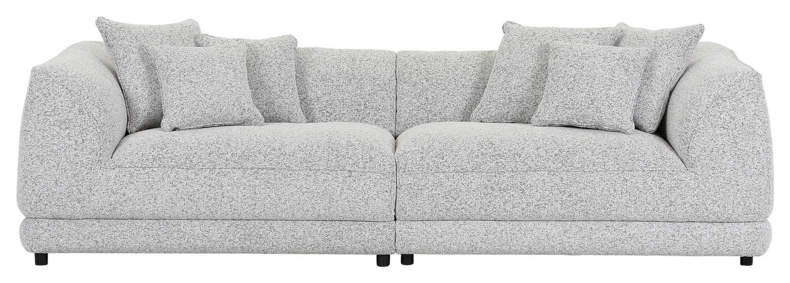 Frontale Ansicht eines großen, grauen Sofas mit mehreren Kissen.