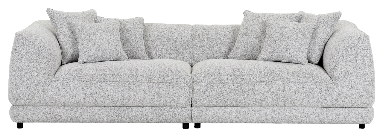 Frontale Ansicht eines großen, grauen Sofas mit mehreren Kissen.