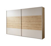 Schrank mit Schiebetüren in Holzoptik und weißem Design, seitliche Perspektive