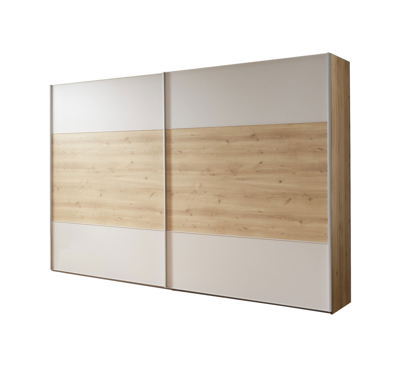 Schrank mit Schiebetüren in Holzoptik und weißem Design, seitliche Perspektive
