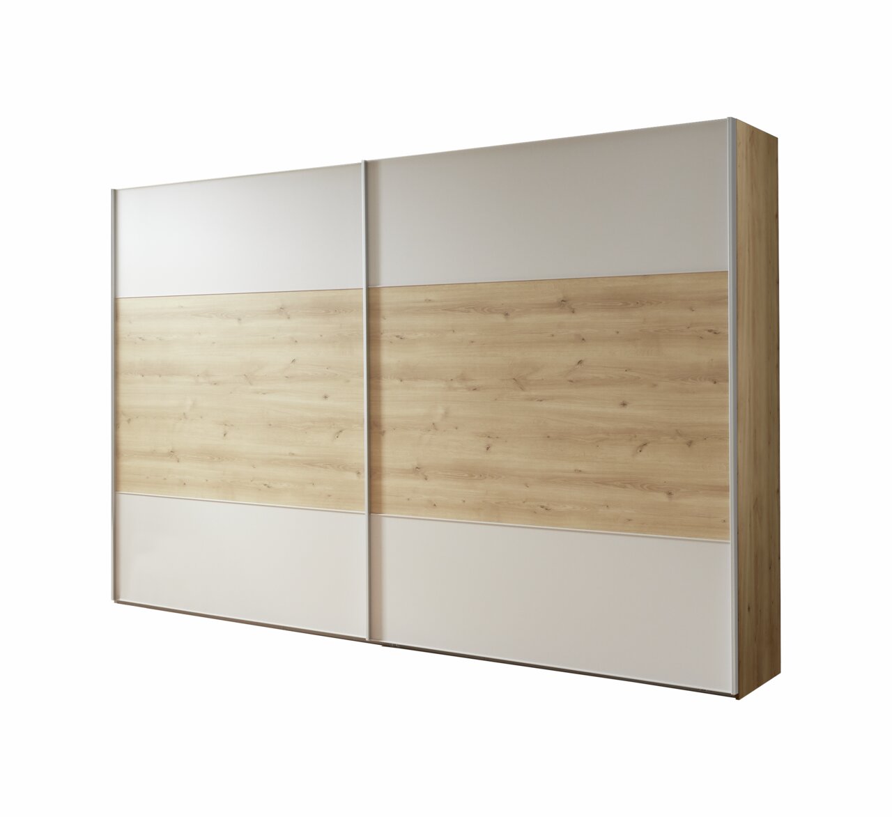 Schrank mit Schiebetüren in Holzoptik und weißem Design, seitliche Perspektive