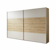 Schrank mit Schiebetüren in Holzoptik und weißem Design, seitliche Perspektive