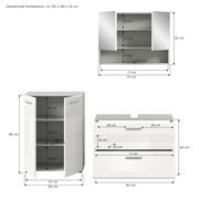 Badkombination bestehend aus einem Spiegelschrank, einem Unterschrank und einem Waschbeckenunterschrank, in weißer Farbe. Der Spiegelschrank hat zwei Türen und drei Fächer, der Unterschrank hat zwei Türen und drei Fächer, und der Waschbeckenunterschrank h