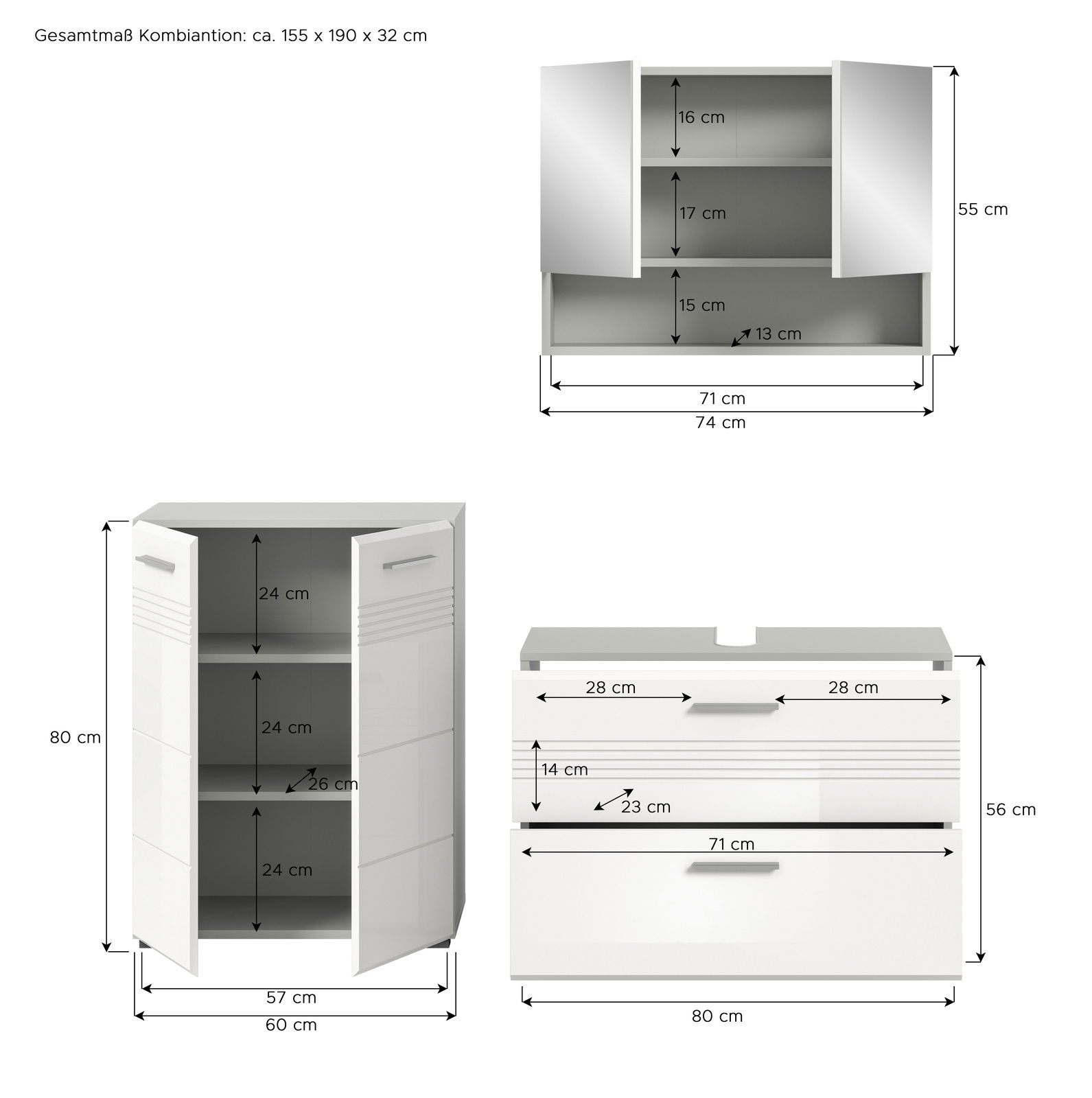 Badkombination bestehend aus einem Spiegelschrank, einem Unterschrank und einem Waschbeckenunterschrank, in weißer Farbe. Der Spiegelschrank hat zwei Türen und drei Fächer, der Unterschrank hat zwei Türen und drei Fächer, und der Waschbeckenunterschrank h
