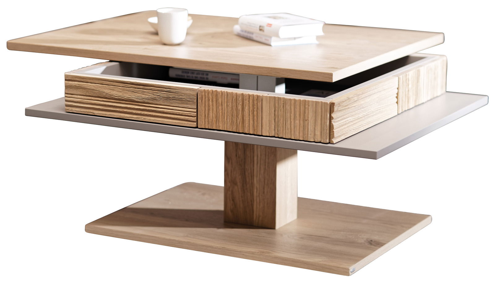 Moderner Couchtisch aus Holz mit zwei Ebenen und Schubladen, seitliche Perspektive