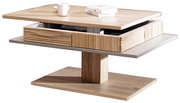 Moderner Couchtisch aus Holz mit zwei Ebenen und Schubladen, seitliche Perspektive