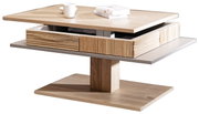 Moderner Couchtisch aus Holz mit zwei Ebenen und Schubladen, seitliche Perspektive