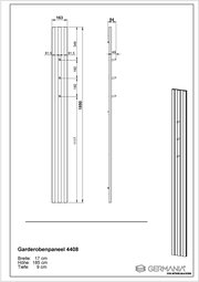Technische Zeichnung eines Garderobenpaneels 4408 mit den Maßen: Breite 17 cm, Höhe 185 cm, Tiefe 9 cm. Vorderansicht, Seitenansicht und perspektivische Ansicht dargestellt.