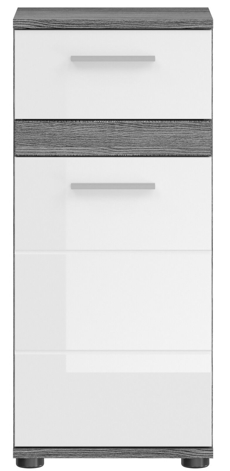 Moderner Standschrank mit zwei Schubladen in Weiß und Holzoptik, Frontalansicht