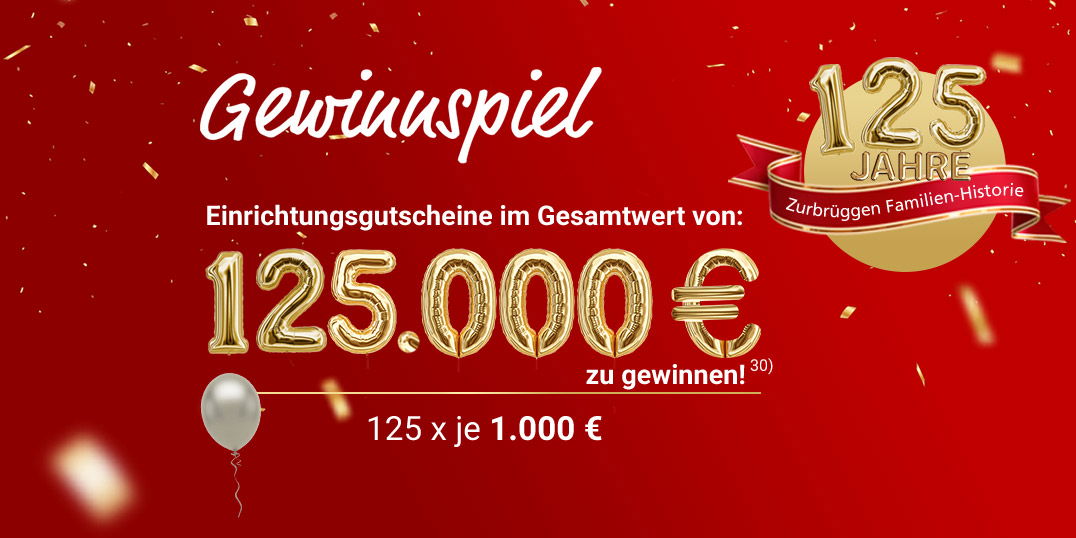 Gewinnspiel-Grafik mit goldenen Ballon-Zahlen auf rotem Hintergrund mit Konfetti: 