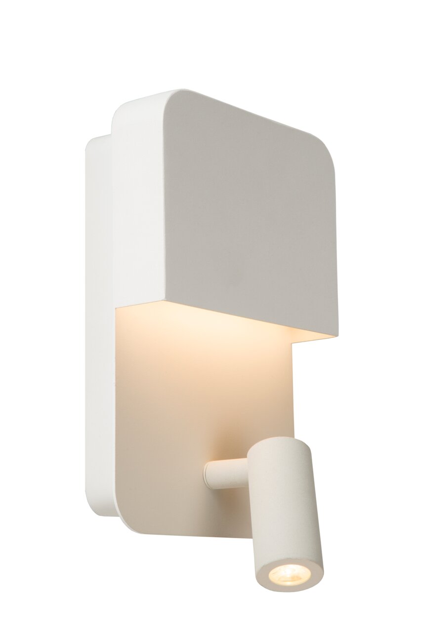 Lucide Wand-/Bettleuchte BOXER Moderne weiße Wand- und Bettleuchte mit rechteckigem Gehäuse und schwenkbarem Spot, seitliche Perspektive