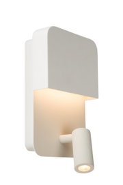 Moderne witte wand- en bedlamp met rechthoekige behuizing en draaibare spot, zijaanzicht
