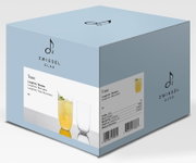 Zweisel Glas Tone Longdrink-/Bierglas-Set (4 Stück) in hellblauer Verpackung mit Produktabbildung, perspektivische 3/4-Ansicht von vorne oben
