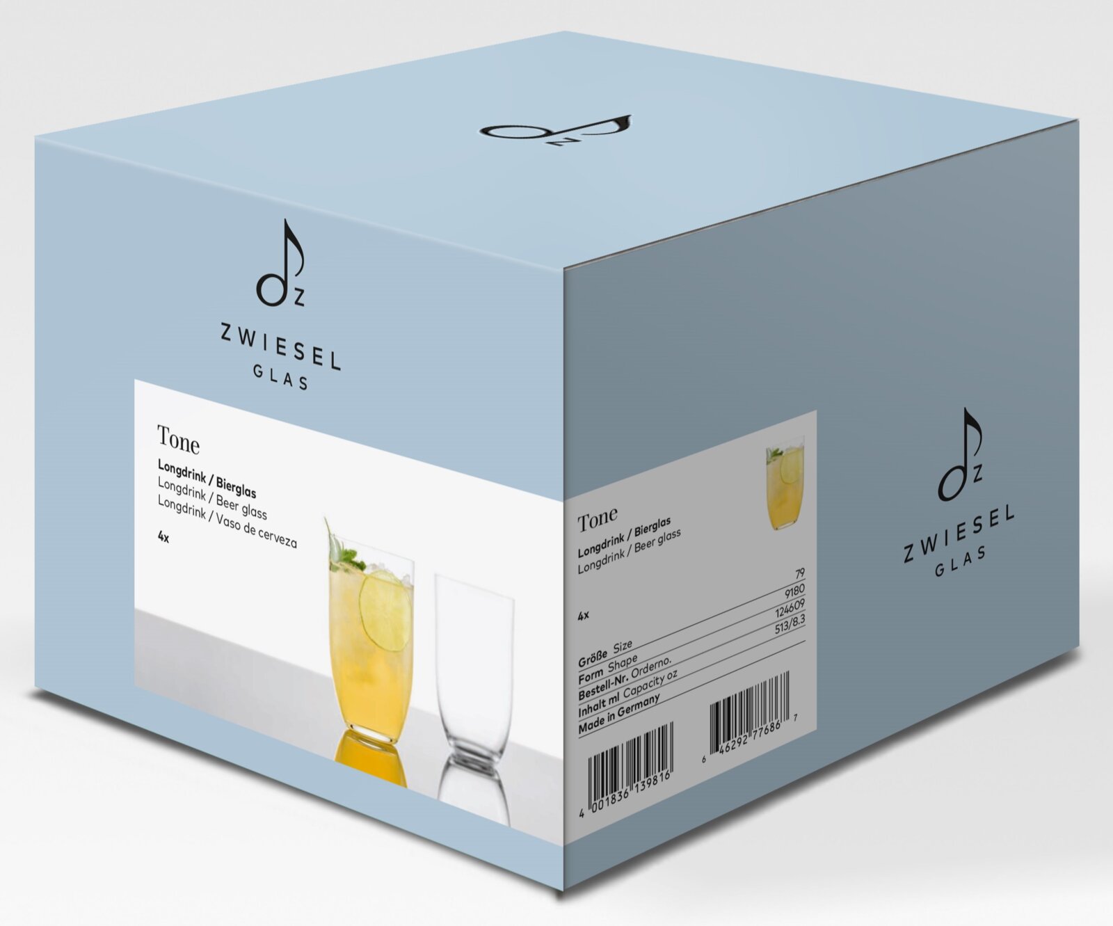 Zweisel Glas Tone Longdrink-/Bierglas-Set (4 Stück) in hellblauer Verpackung mit Produktabbildung, perspektivische 3/4-Ansicht von vorne oben