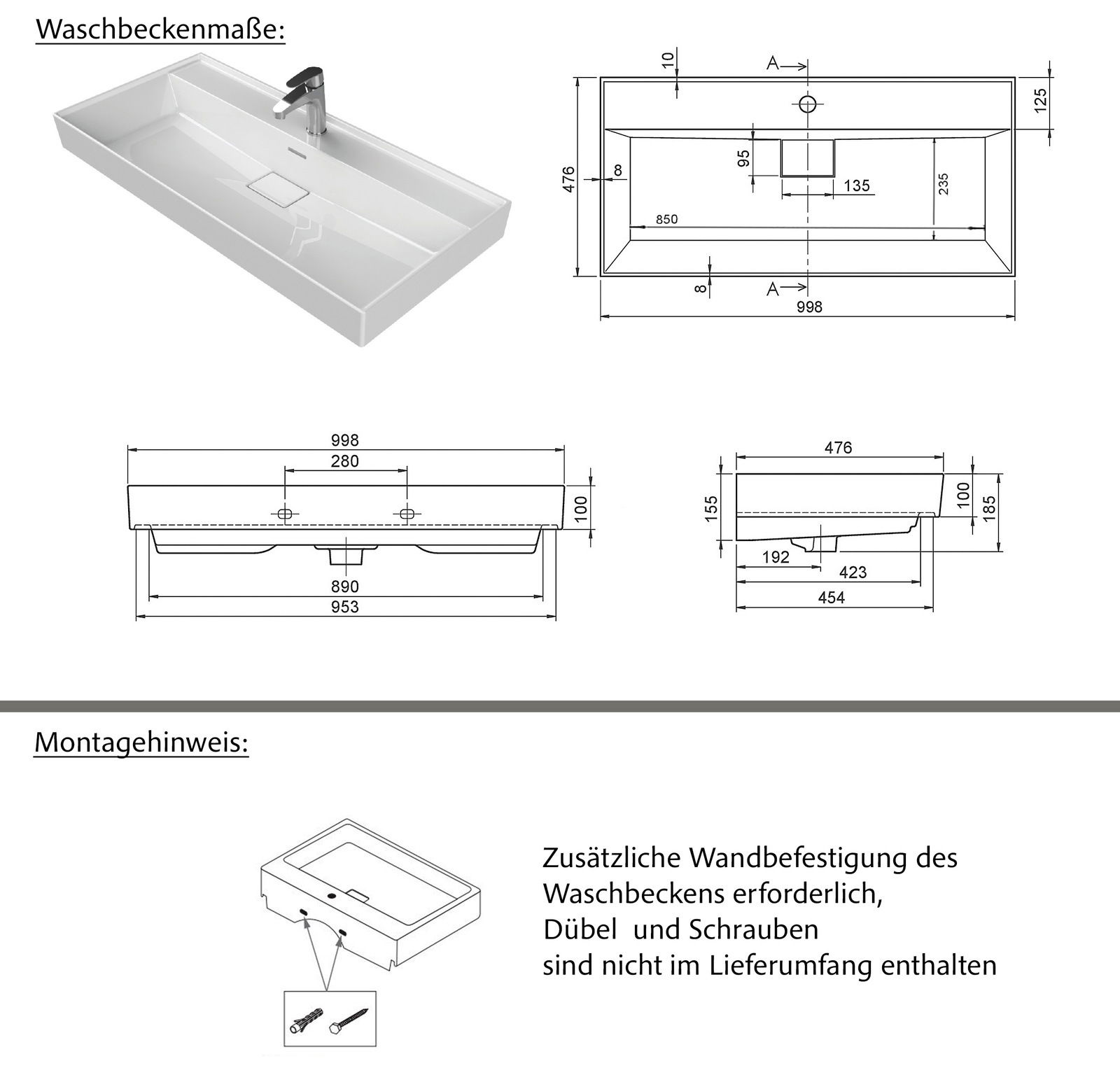 Moderner rechteckiger Waschtisch mit Armatur, Draufsicht und technische Zeichnungen