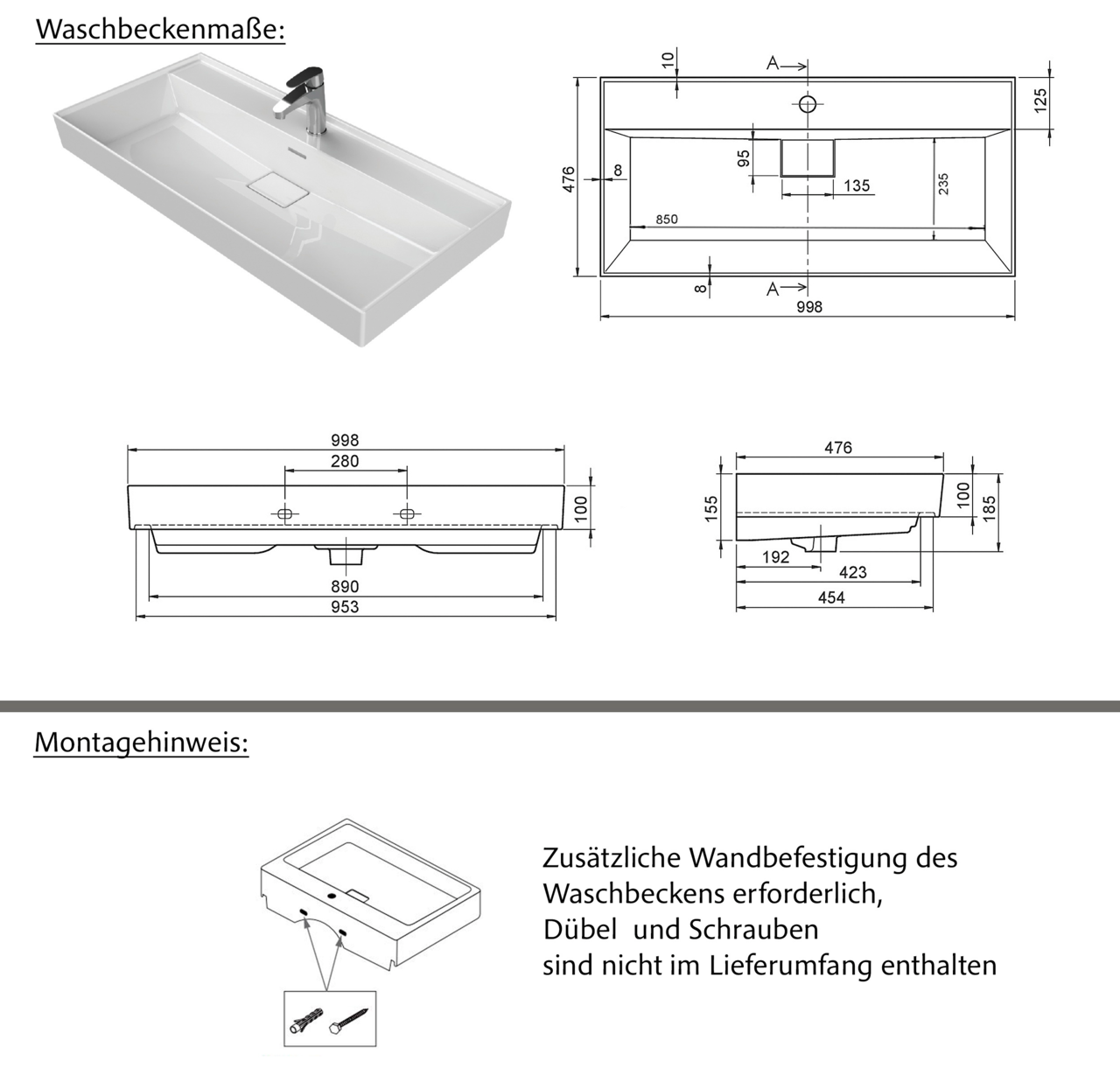 Moderner rechteckiger Waschtisch mit Armatur, Draufsicht und technische Zeichnungen