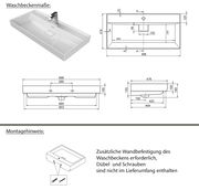 Moderner rechteckiger Waschtisch mit Armatur, Draufsicht und technische Zeichnungen