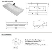 Moderner rechteckiger Waschtisch mit Armatur, Draufsicht und technische Zeichnungen