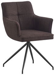 Moderner Armlehnstuhl mit dunkelbraunem Stoffbezug und schwarzem Metallgestell, seitliche Perspektive