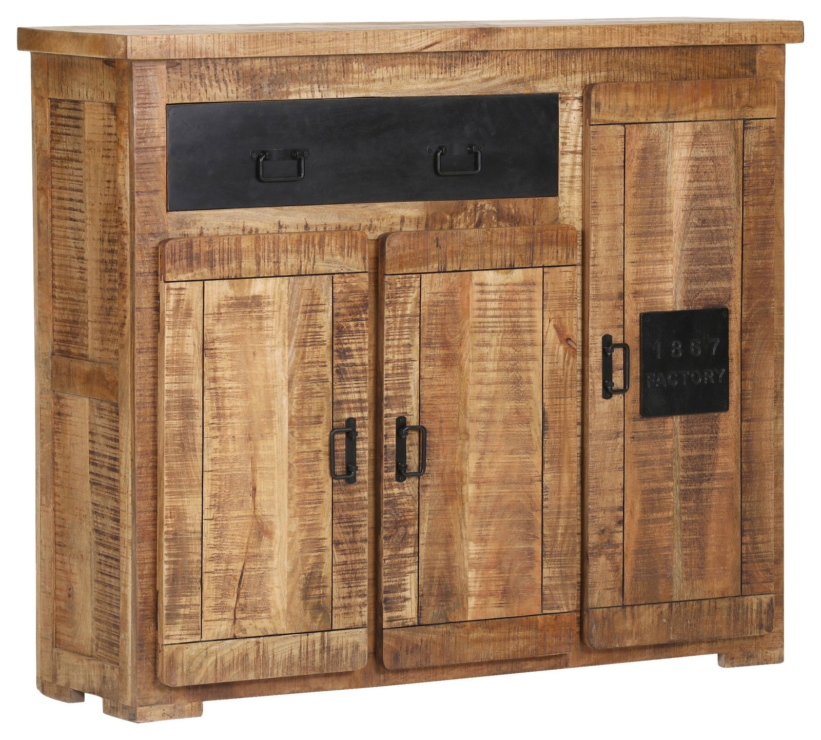 Rustikaler Schuhschrank aus Holz mit Metallgriffen und schwarzem Akzent, Frontalansicht