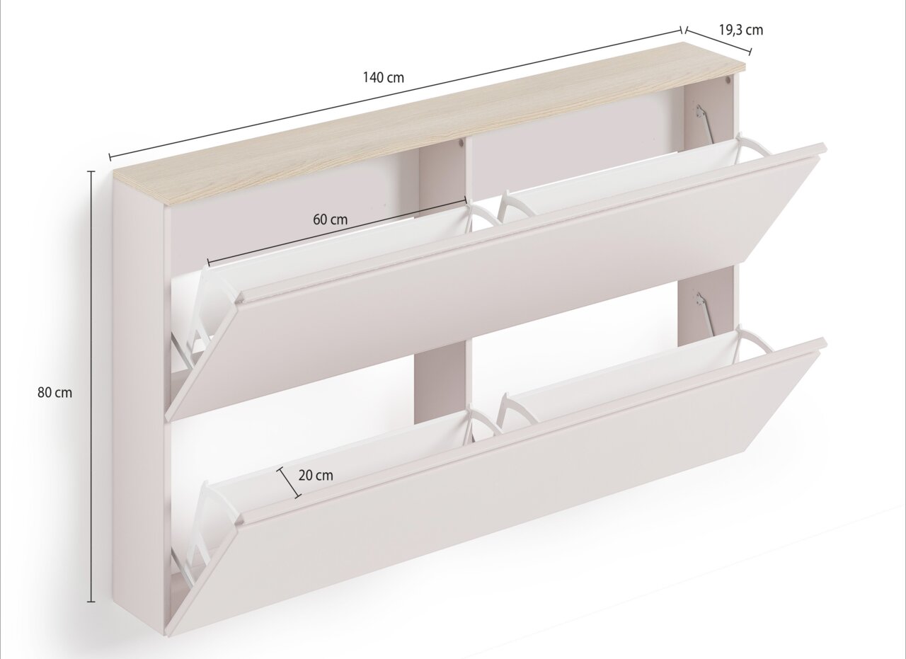 Hängeschuhschrank mit zwei Klappen, Maße: 140 cm Breite, 80 cm Höhe, 19,3 cm Tiefe, seitliche Perspektive