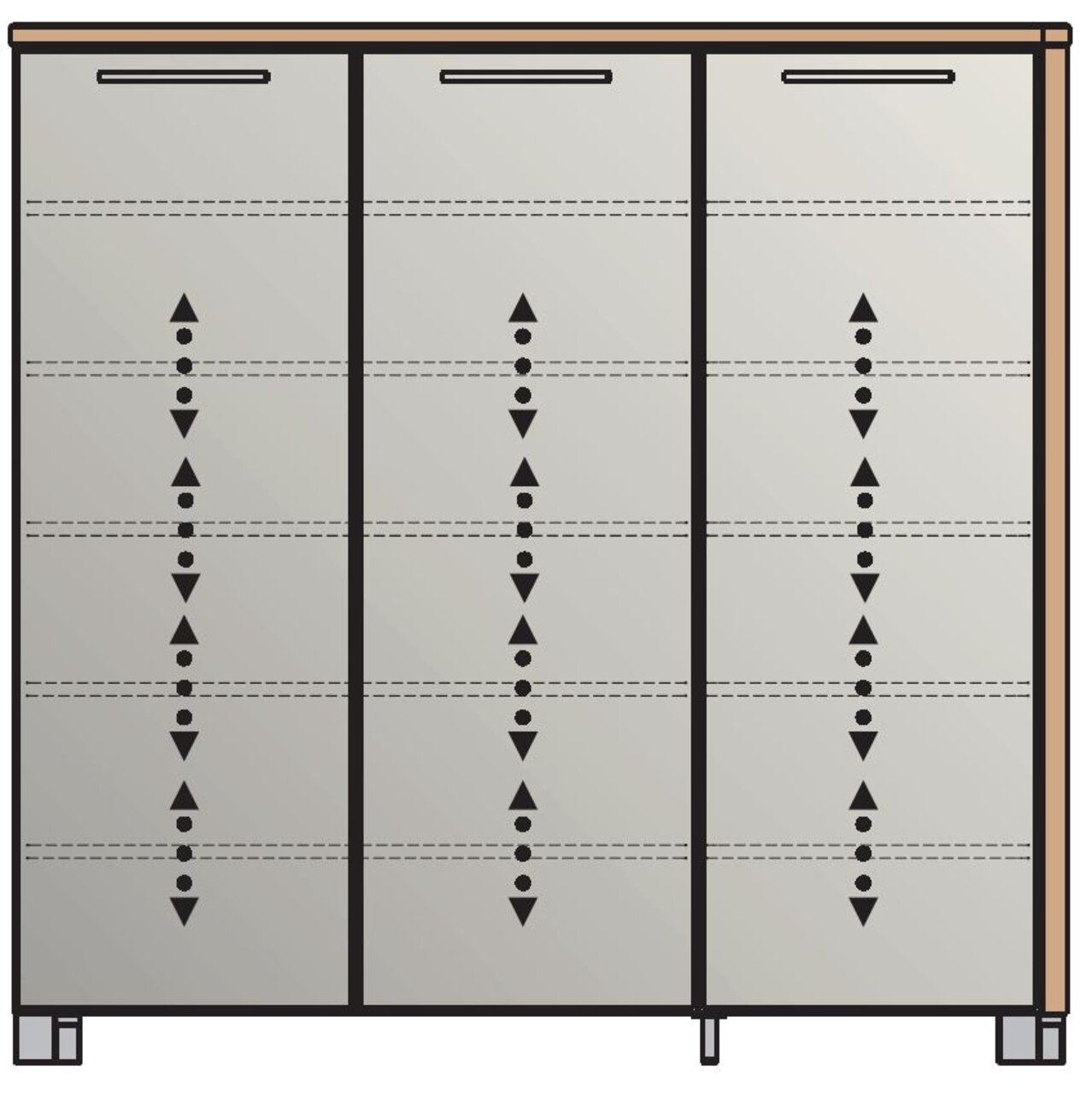 Vooraanzicht van een XL-schoenenkast met drie deuren en een modern ontwerp.