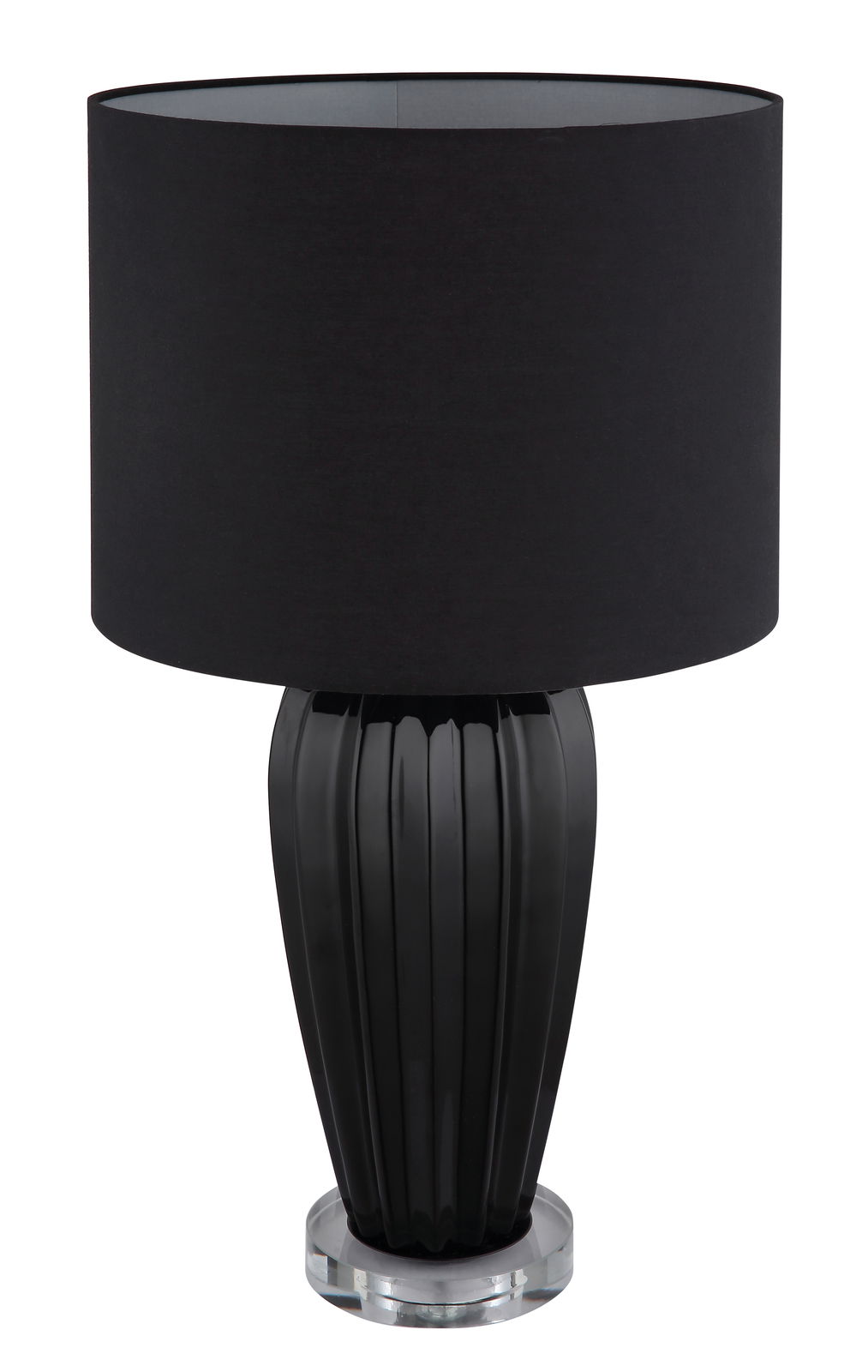 Schwarze Tischleuchte IRINA mit rundem Lampenschirm und geriffeltem Sockel, frontal betrachtet.