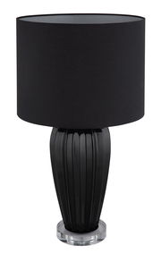 Schwarze Tischleuchte IRINA mit rundem Lampenschirm und geriffeltem Sockel, frontal betrachtet.