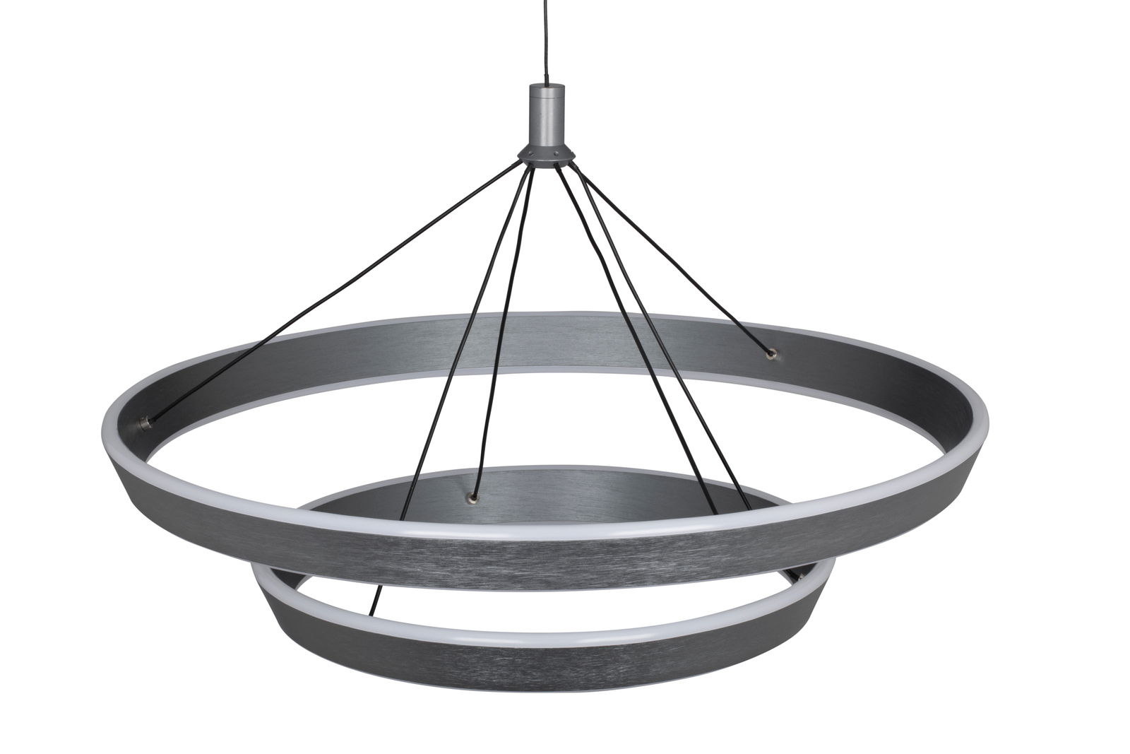 Moderne LED-Hängeleuchte mit zwei ringförmigen Elementen, seitliche Perspektive