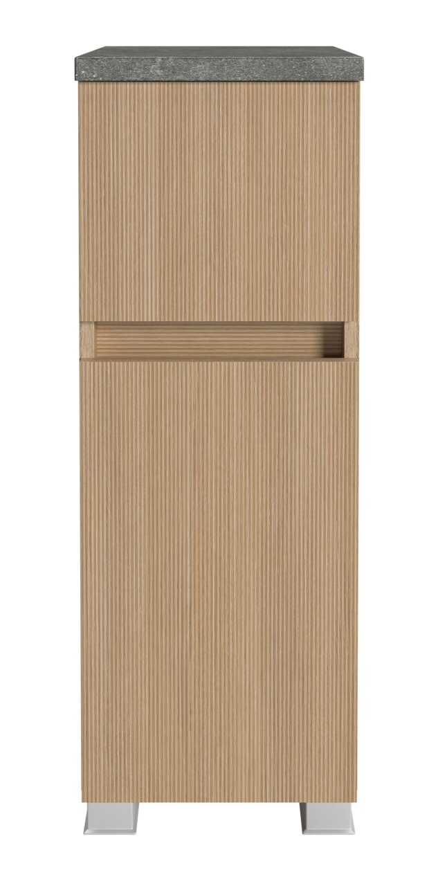 XORA Unterschrank TOULON Frontansicht eines modernen Unterschranks mit Holzoptik und grauer Steinplatte.