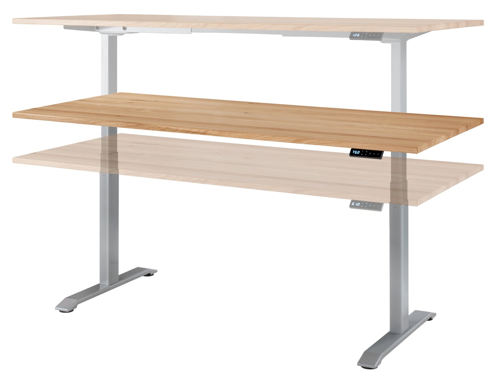 In hoogte verstelbaar elektrisch bureau 140x80 met houten blad en grijs onderstel, zijaanzicht