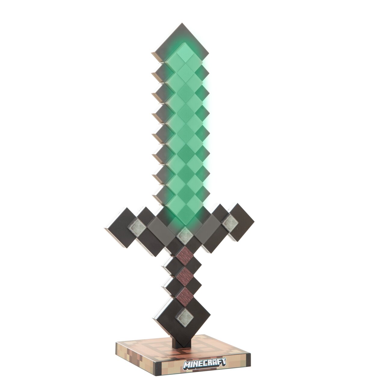 Minecraft-Dekoleuchte in Form eines pixeligen Diamantschwerts mit grün leuchtender Klinge auf quadratischem Sockel mit Minecraft-Logo, frontale Ansicht