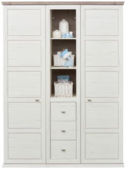 Zweiflügeliger Drehtürenschrank in heller Holzoptik mit mittigem Regal und Schubladen, frontal abgebildet.