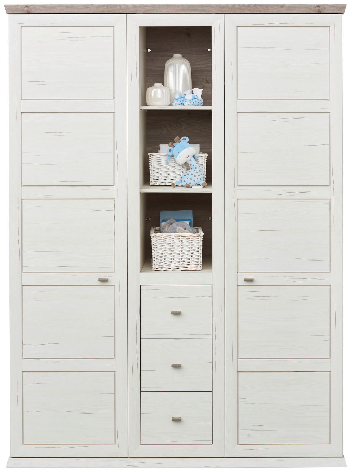 Zweiflügeliger Drehtürenschrank in heller Holzoptik mit mittigem Regal und Schubladen, frontal abgebildet.