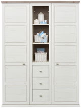 Zweiflügeliger Drehtürenschrank in heller Holzoptik mit mittigem Regal und Schubladen, frontal abgebildet.