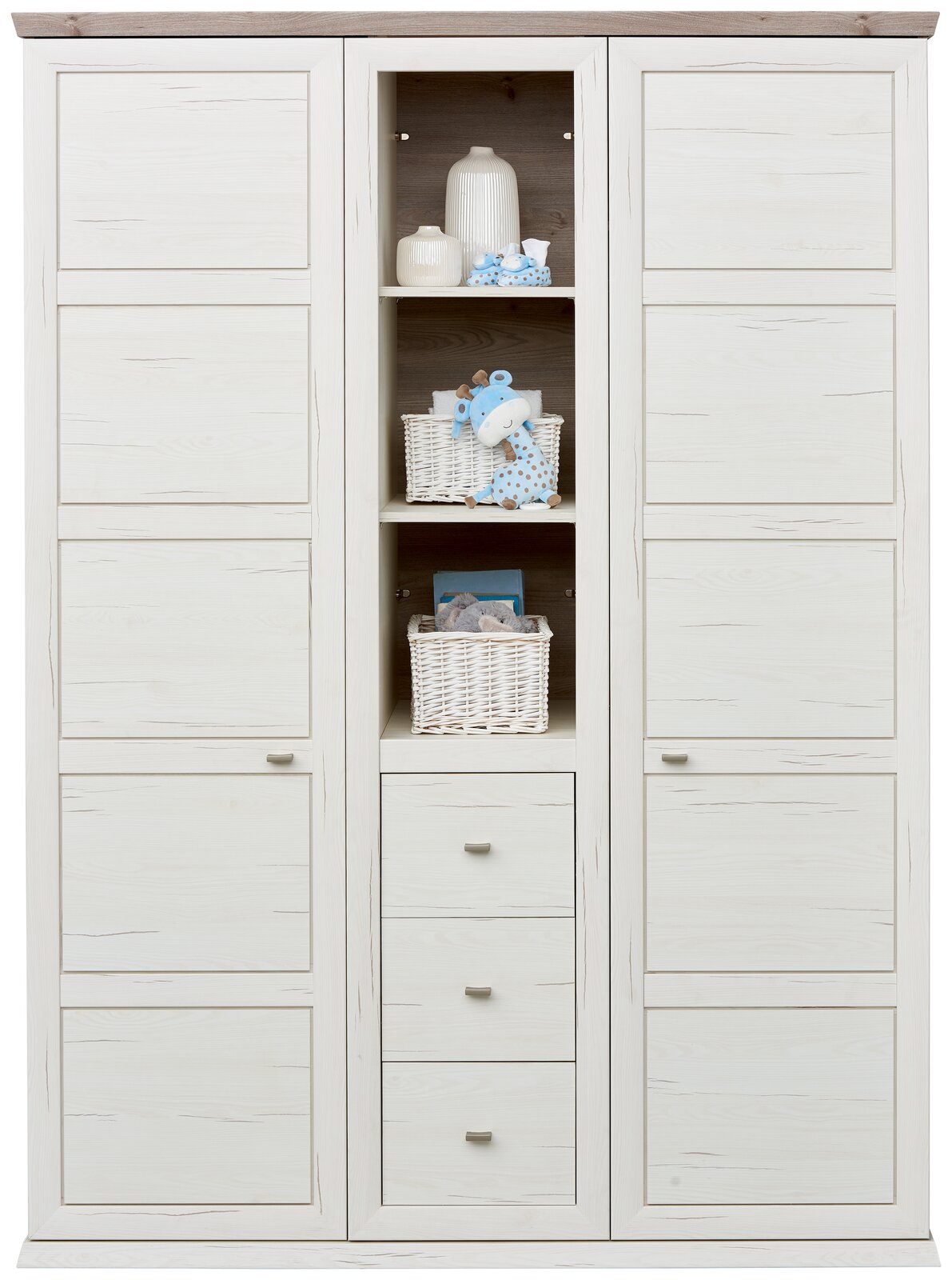 Zweiflügeliger Drehtürenschrank in heller Holzoptik mit mittigem Regal und Schubladen, frontal abgebildet.