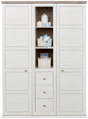 Zweiflügeliger Drehtürenschrank in heller Holzoptik mit mittigem Regal und Schubladen, frontal abgebildet.