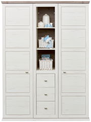 Zweiflügeliger Drehtürenschrank in heller Holzoptik mit mittigem Regal und Schubladen, frontal abgebildet.