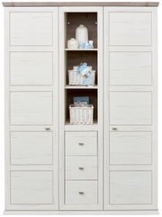 Zweiflügeliger Drehtürenschrank in heller Holzoptik mit mittigem Regal und Schubladen, frontal abgebildet.
