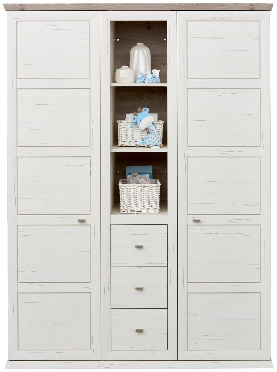 Zweiflügeliger Drehtürenschrank in heller Holzoptik mit mittigem Regal und Schubladen, frontal abgebildet.