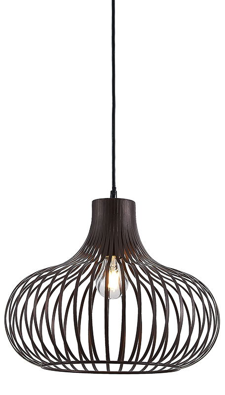 Moderne Hängeleuchte mit schwarzem, offenen Drahtdesign und sichtbarer Glühbirne, seitliche Perspektive