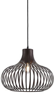 Moderne Hängeleuchte mit schwarzem, offenen Drahtdesign und sichtbarer Glühbirne, seitliche Perspektive