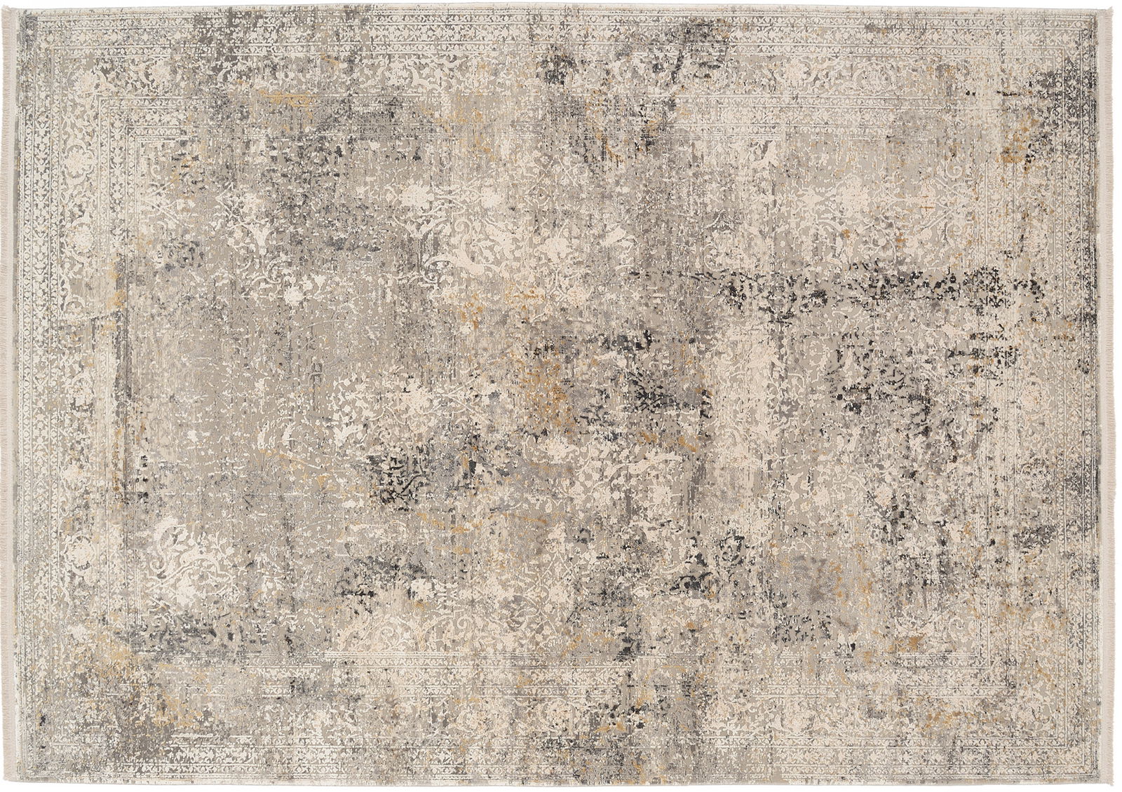 Designer Teppich in Grau- und Beigetönen mit abstraktem Muster, Draufsicht