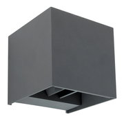 Moderne, graue Außenleuchte in kubischer Form, seitliche Perspektive