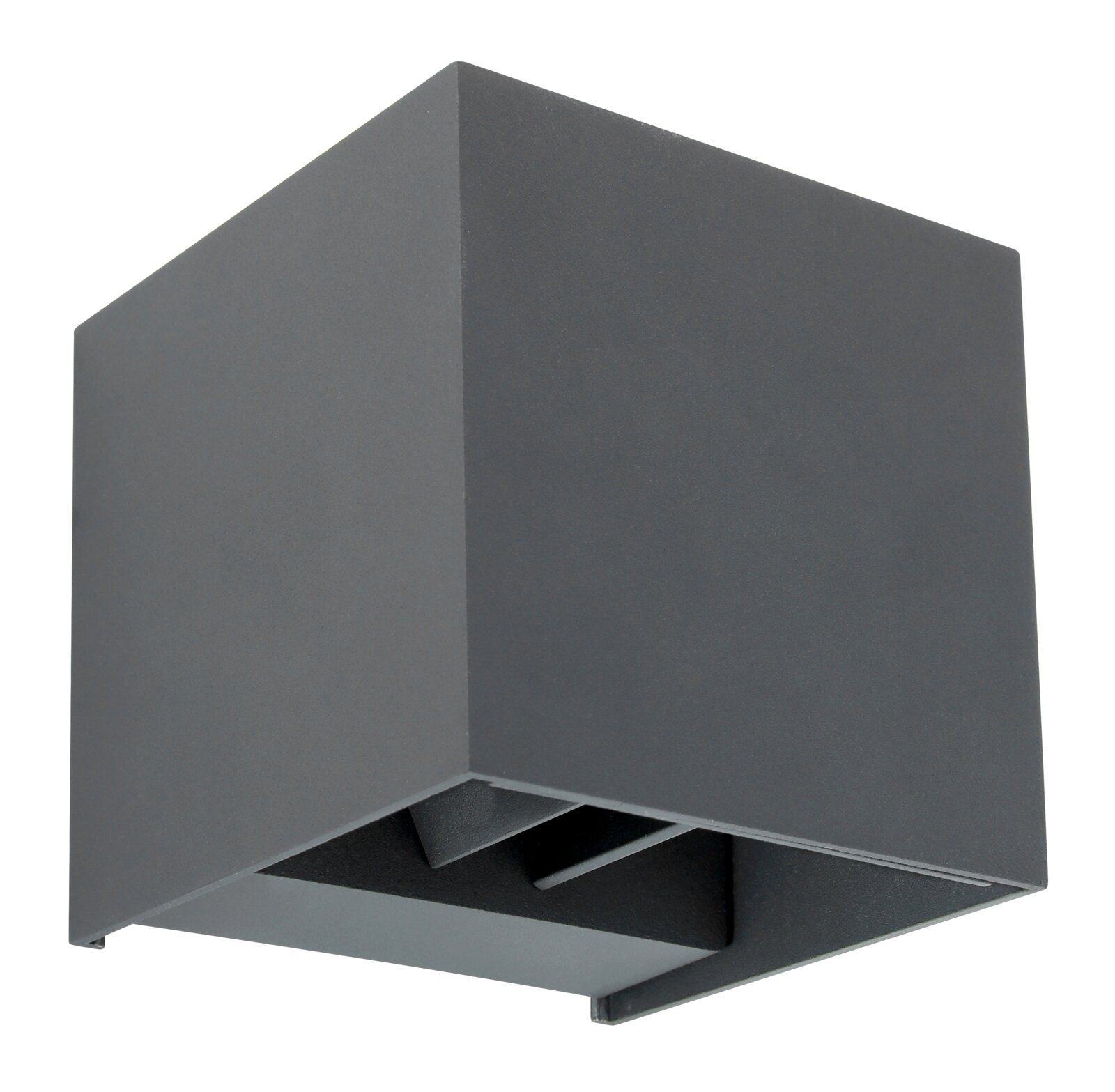 Moderne, graue Außenleuchte in kubischer Form, seitliche Perspektive