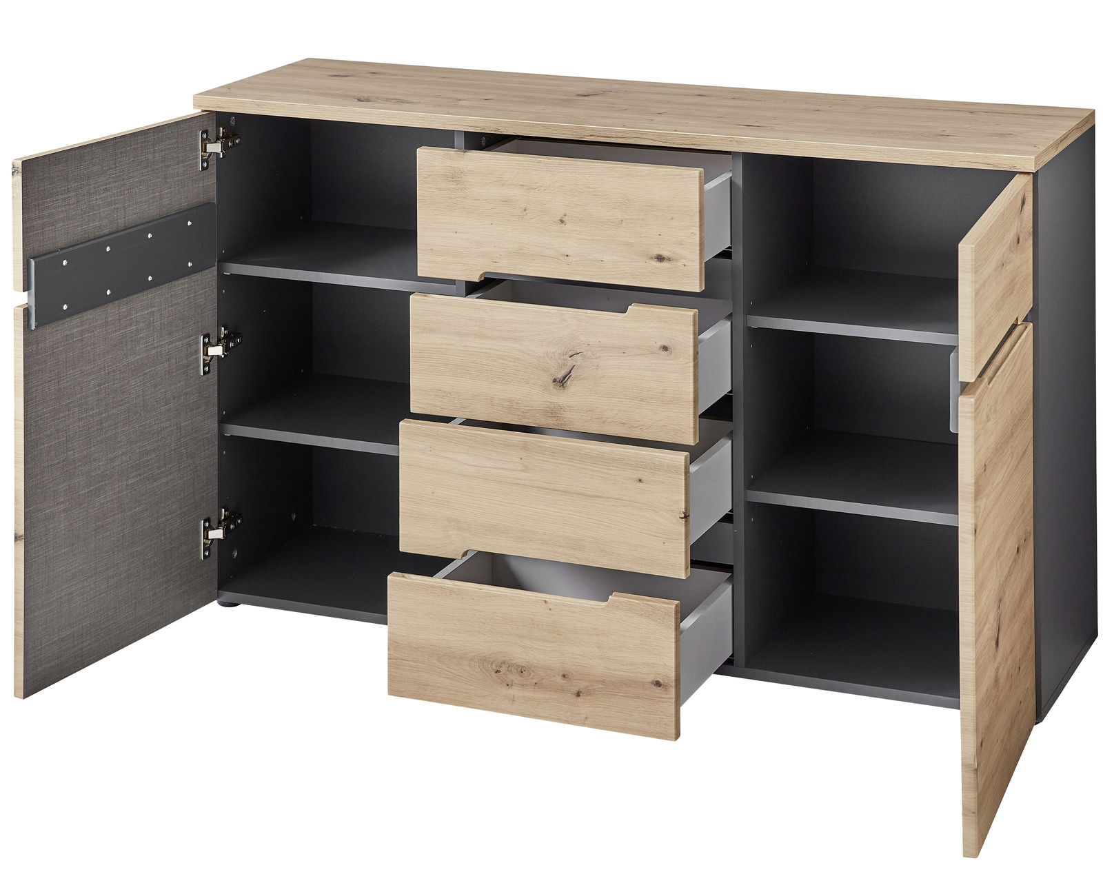 Offenes Sideboard mit Holzoptik, drei Schubladen und zwei Türen, Perspektive von vorne.