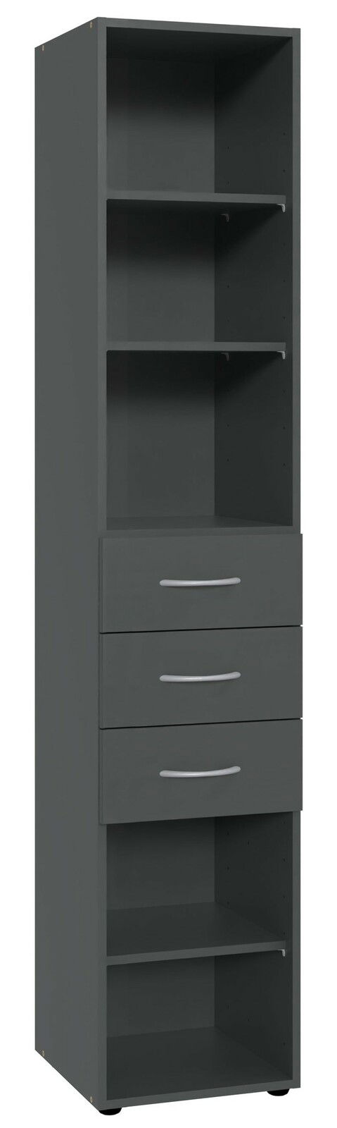 XORA Regal hoch MULTIRAUMKONZEPT Hohes Regal in dunklem Grau mit mehreren offenen Fächern und drei Schubladen, frontal betrachtet.