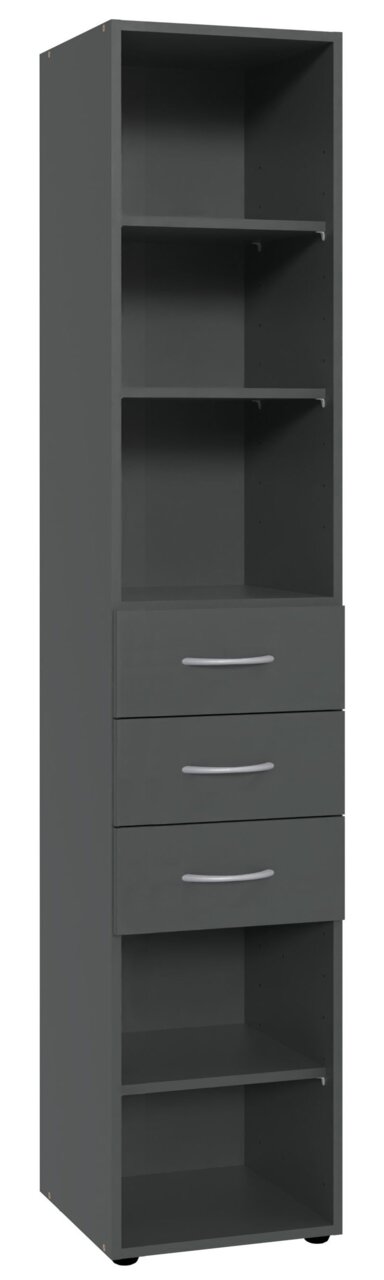 Hohes Regal in dunklem Grau mit mehreren offenen Fächern und drei Schubladen, frontal betrachtet.